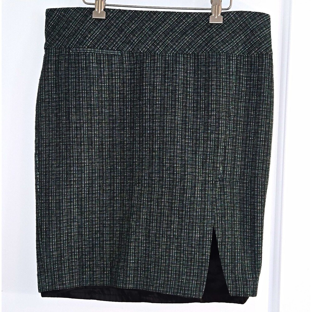 Express Design Studio Women's Tweed Pencil Skirt Check Black Green 6 Lined Slit